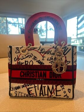 Dior White Canvas Graffiti Satchel with Red Accents